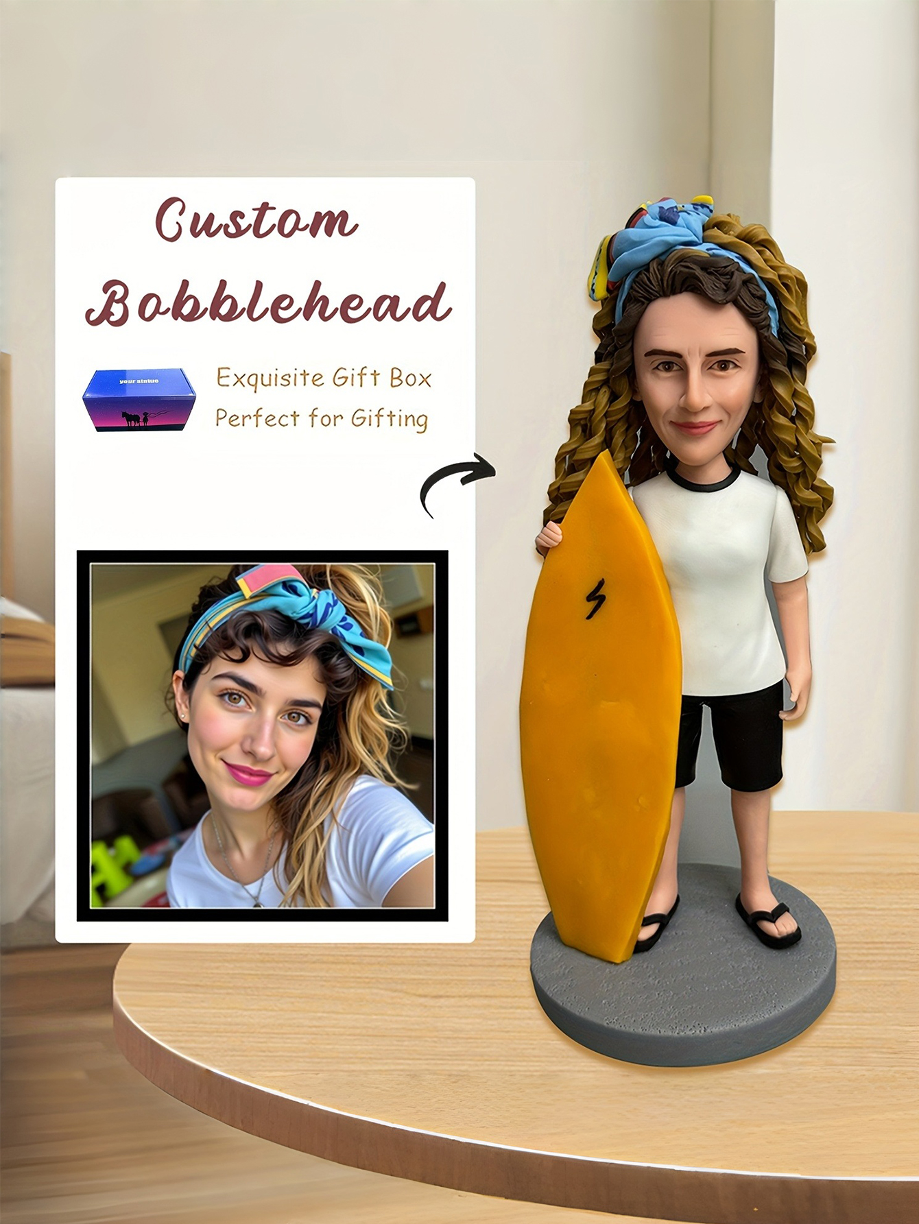 A custom bobblehead doll, personalized clay-style figurine